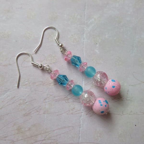 Pale Pink & Turquoise Blue Crystal Small Drop Dangle Earrings