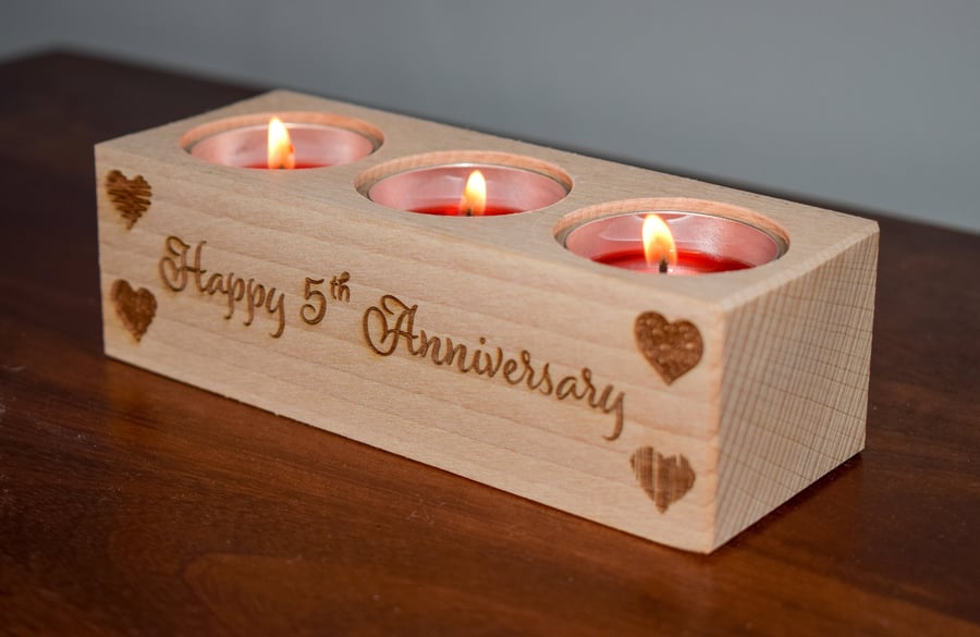 Beech Wood Three Tea Light Holder - Personalised and Engraved - Made to Order