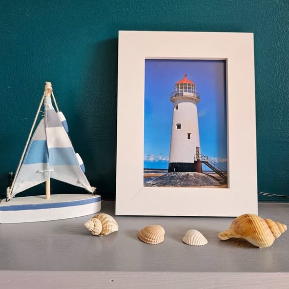 Framed Lighthouse Photo Print in White Wooden Frame Point of Ayr, Talacre 