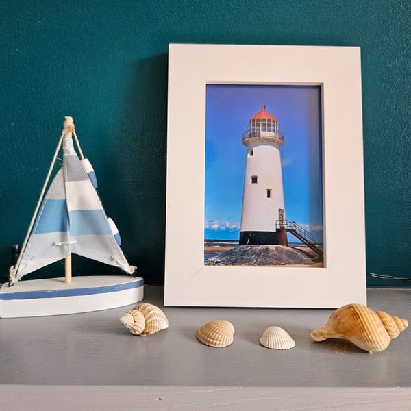 Framed Lighthouse Photo Print in White Wooden Frame Point of Ayr, Talacre 