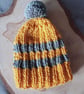 Small Tea Cosy for 2 Cup Tea Pot, Golden Yellow & Grey Stripes, Hand Knitted - Image 5