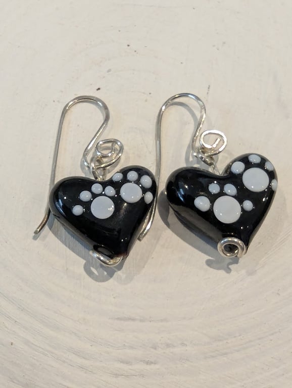 Handmade Murano Glass Black Hearts with paw prints Earrings