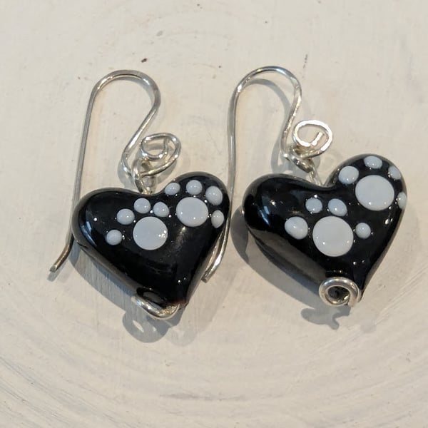 Handmade Murano Glass Black Hearts with paw prints Earrings
