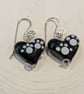 Handmade Murano Glass Black Hearts with paw prints Earrings