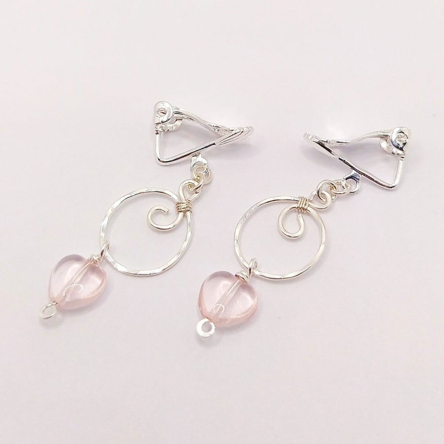 Peach Pink Heart Clip-on Circle Earrings