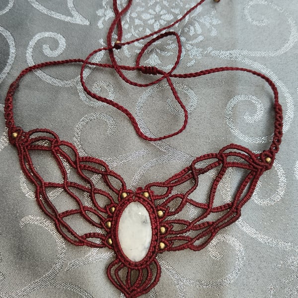 Burgundy Macrame Necklace with Brass and Moonstone