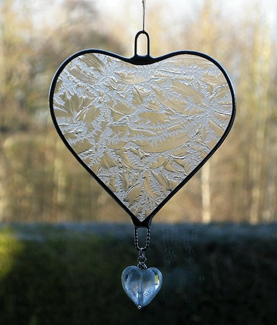 Stained Glass suncatcher (Love Heart) clear frosty texture glass with heart bead