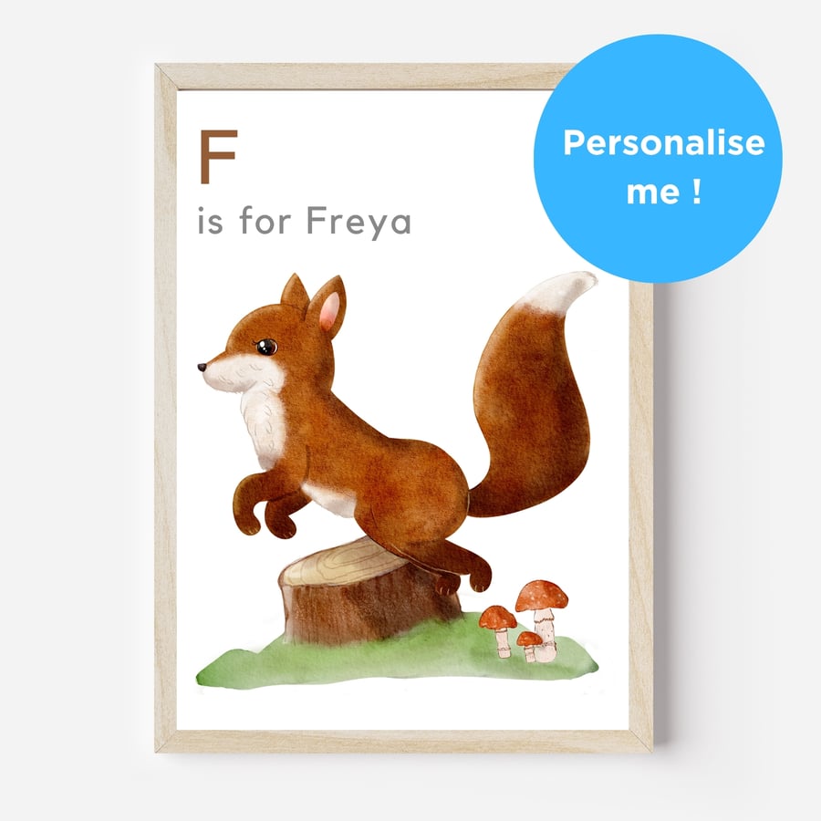 F is for Fox Childrens Print for Nursery Bedroom Playroom Forest Decor