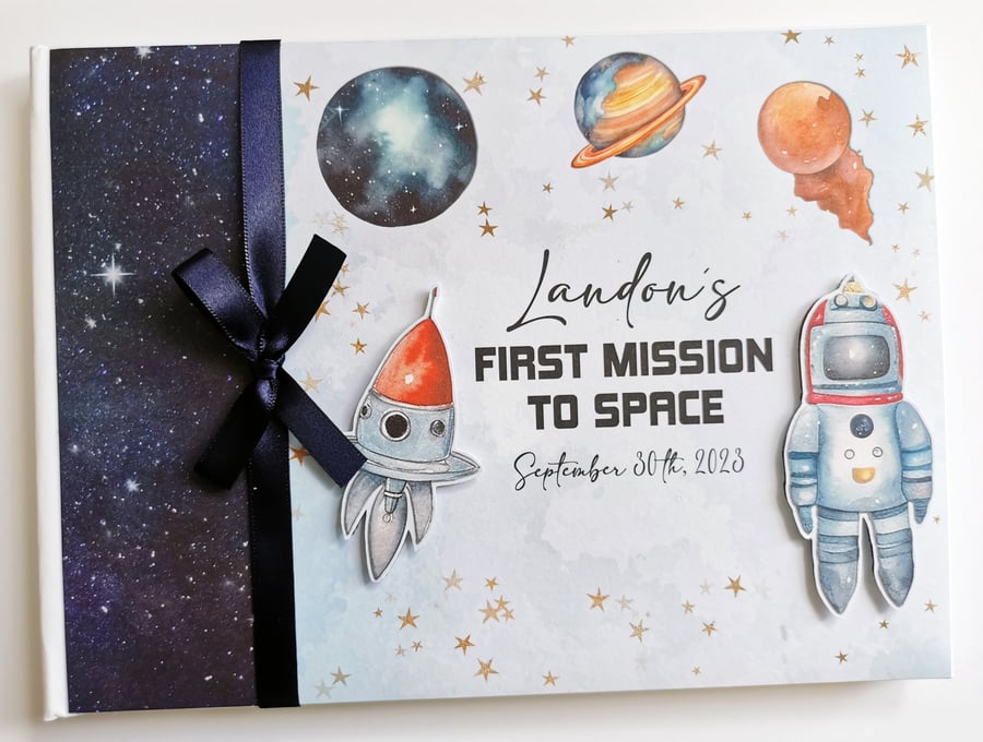 Astronaut birthday guest book, spaceship, outer space guest book