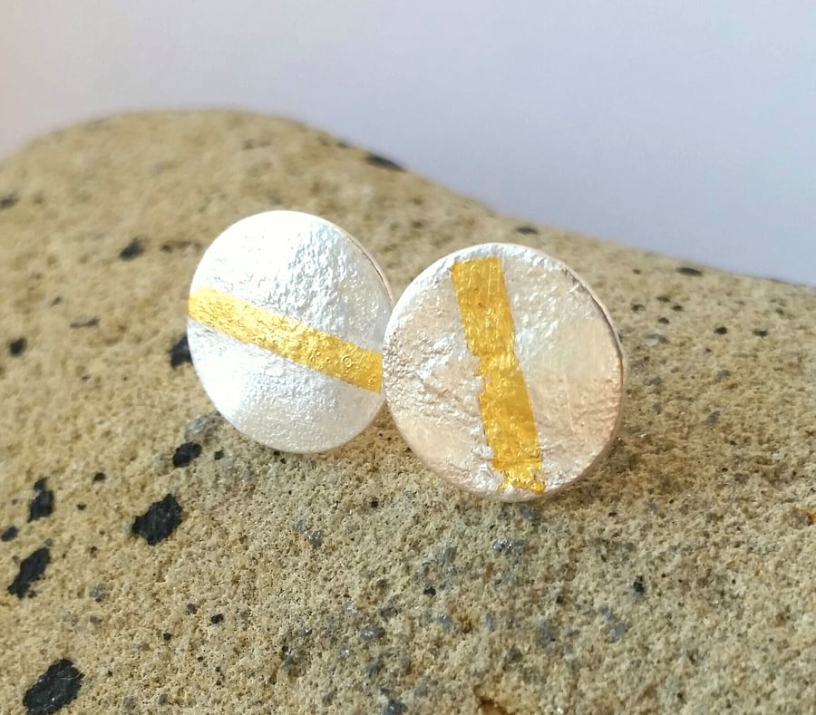 Minimal Round Textured Silver Stud Earrings with Gold Line, Handmade in UK