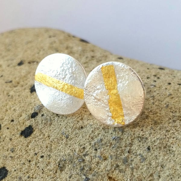 Minimal Round Textured Silver Stud Earrings with Gold Line, Handmade in UK