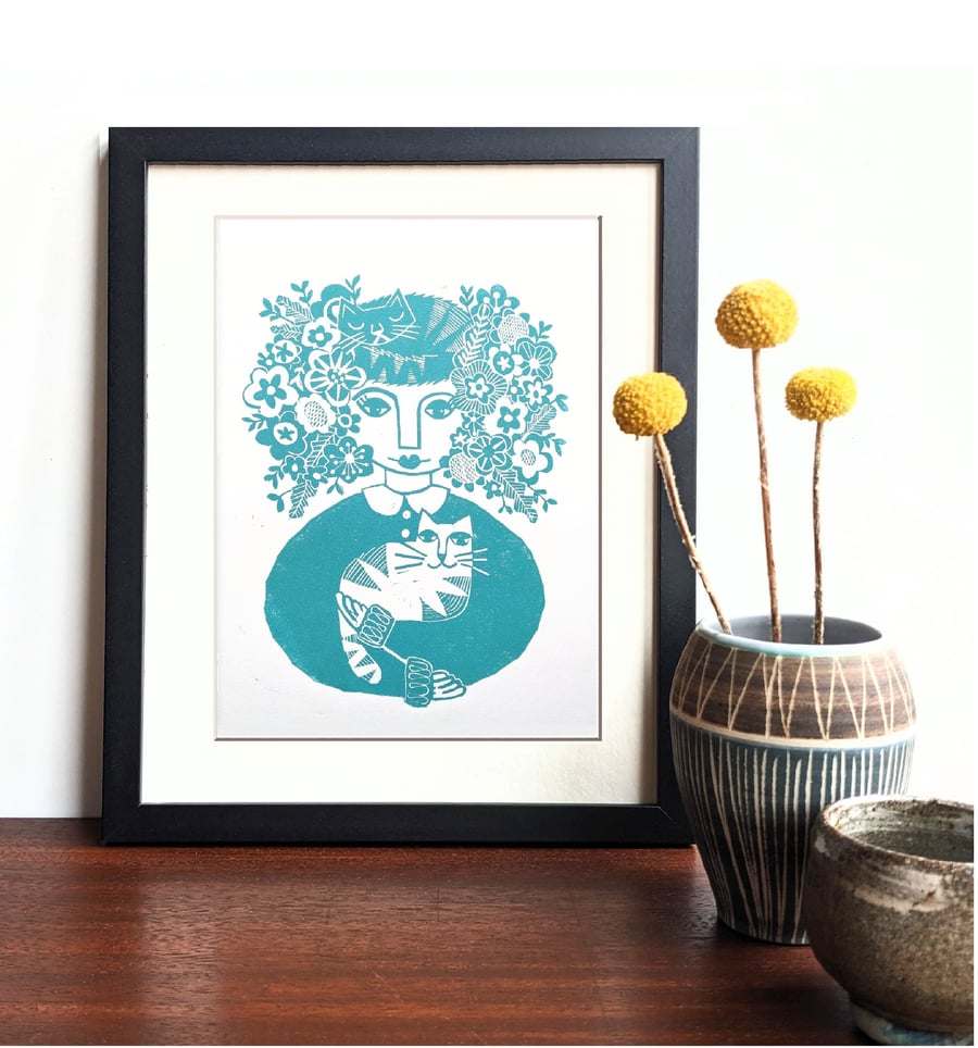 Mad catlady in teal - Original Lino Print