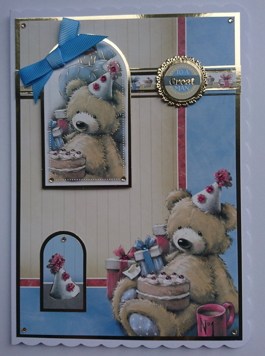Birthday Card Teddy Bear Round Cake Coffee Presents To A Great Man