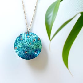 Teal necklace, 32mm disc pendant on a fine chain. Artistic jewellery. (137)