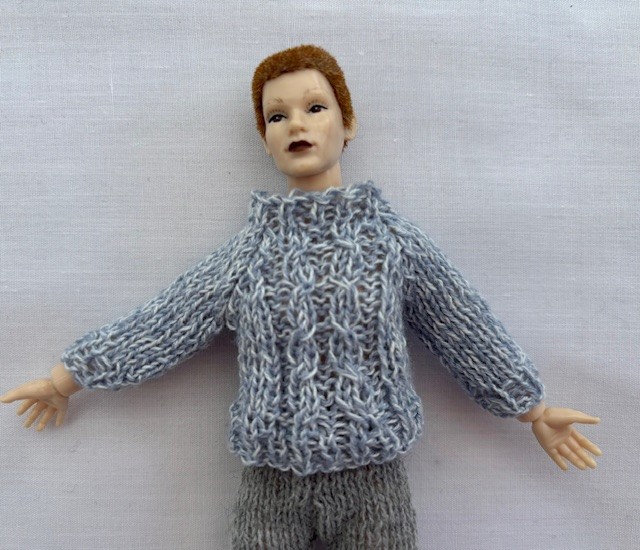 Tiny knitted tweed jumper with cable in miniature 12th scale for the dolls house