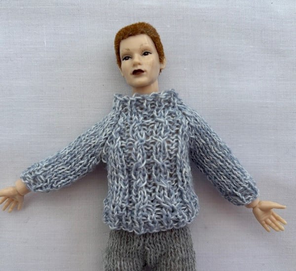 Tiny knitted tweed jumper with cable in miniature 12th scale for the dolls house