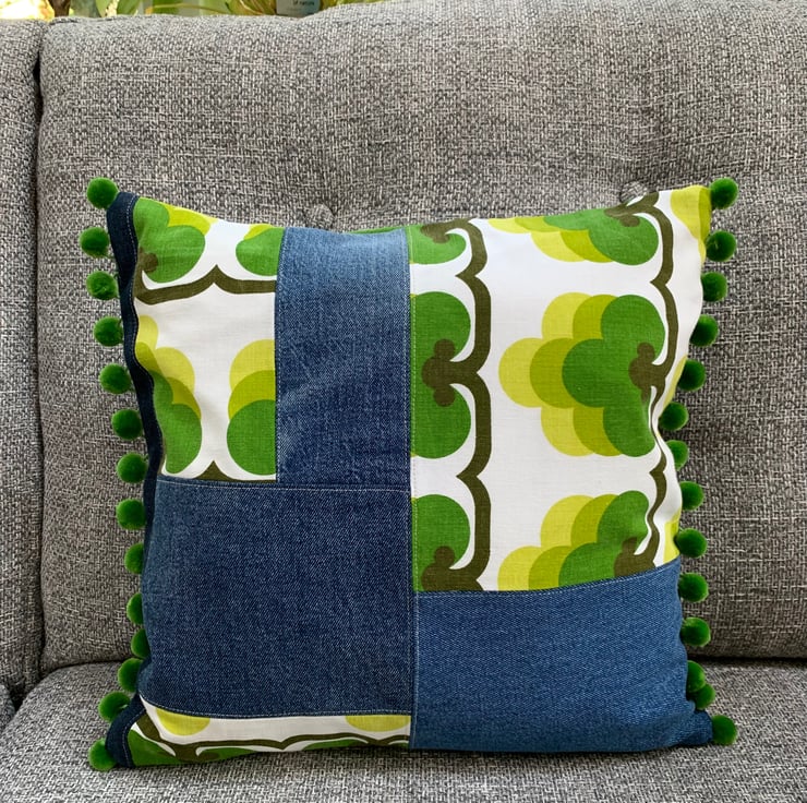 Retro print and reclaimed denim cushion cover Folksy