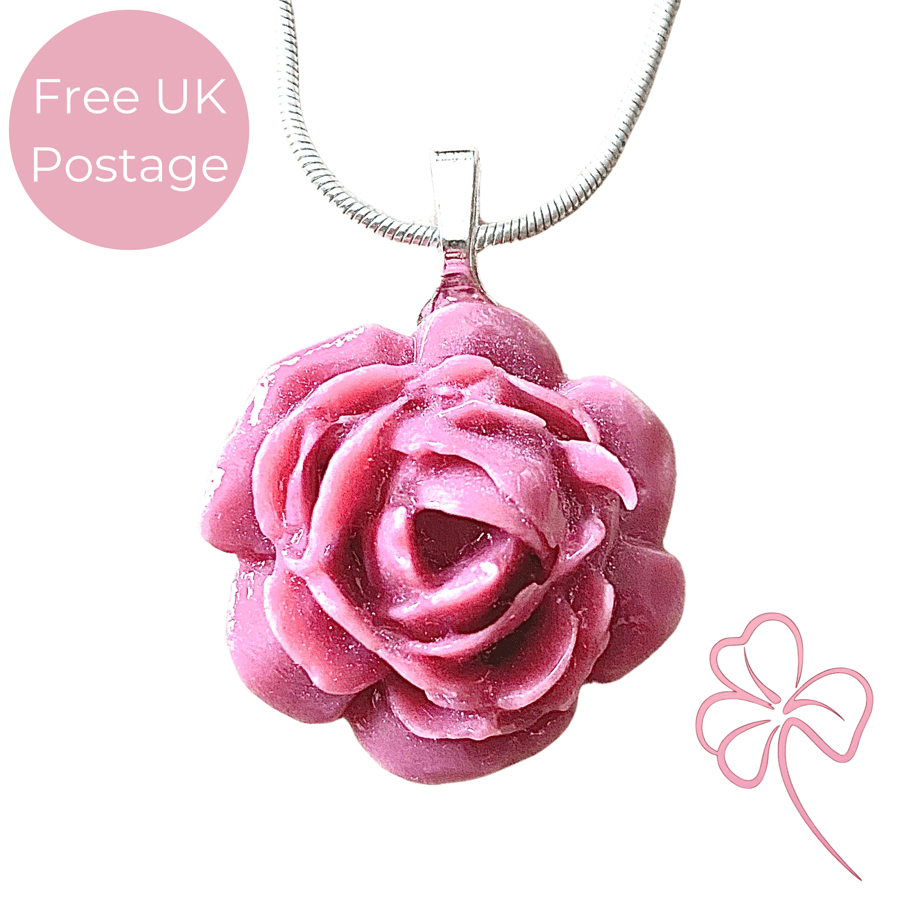 Pink Rose Fused Glass Pendant Necklace 