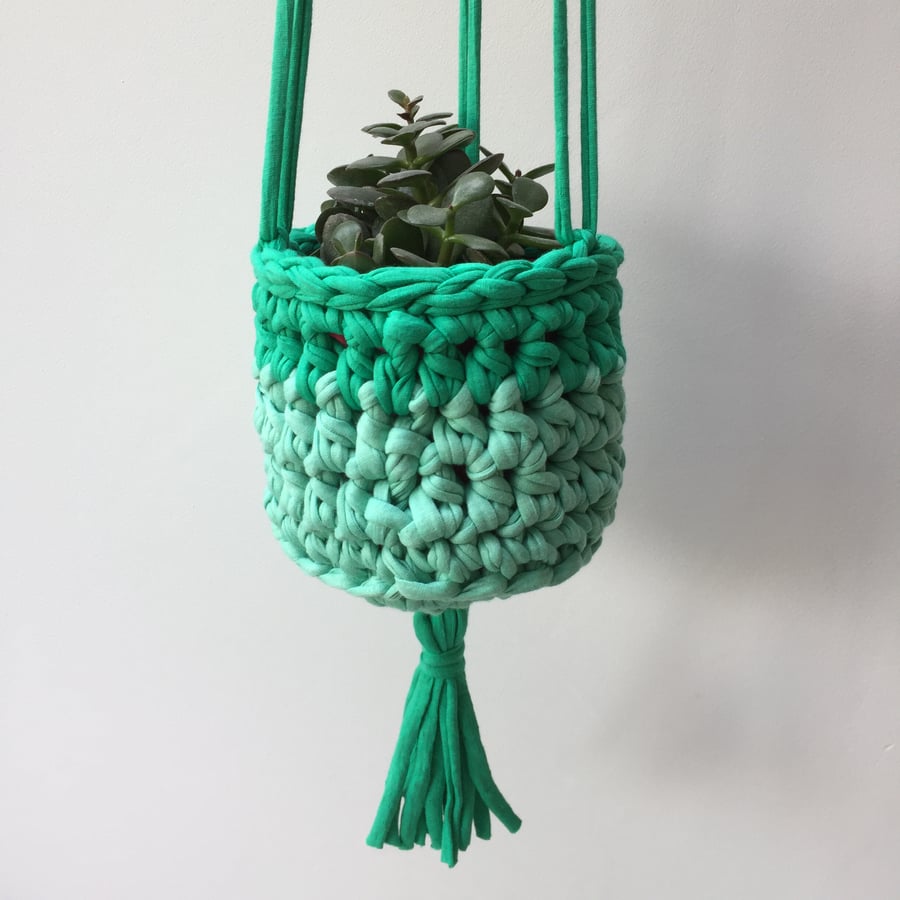 Crochet hanging planter - aqua and green - free UK shipping