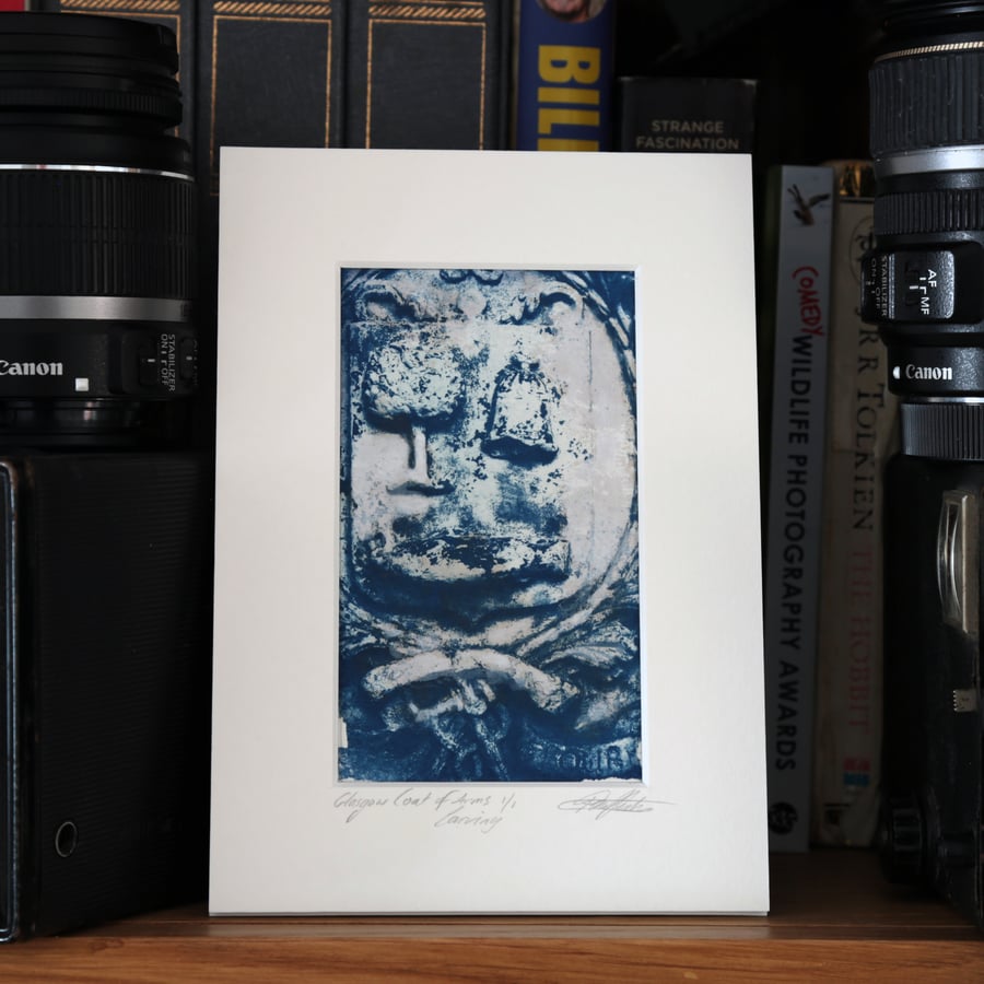 Glasgow Coat of Arms detail Cyanotype photo, Mounted