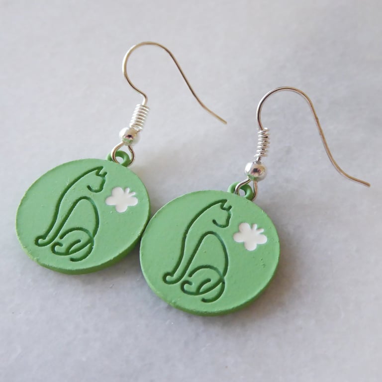 Green Cat and Butterfly with Silver Plated Earrings 