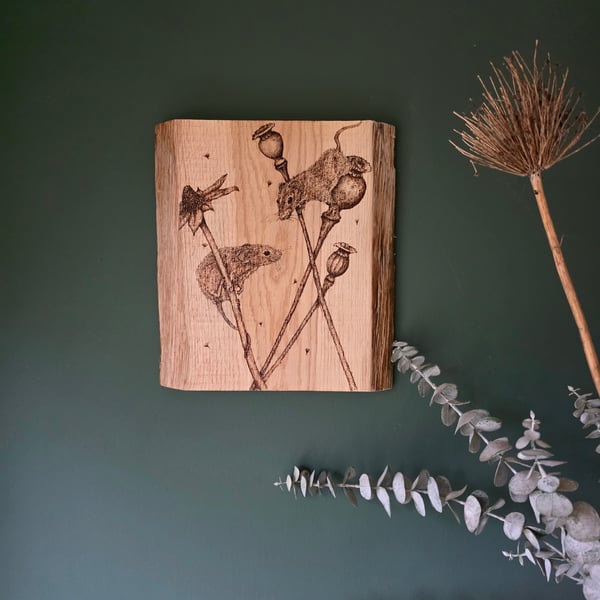 Mice design on live edge oak board 