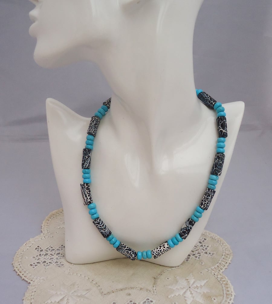 Turquoise Jasper and Agate Necklace, Blue, White and Black Gemstone Necklace