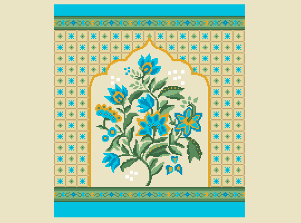 256B - Indian Blue Munghal Flowers Cross Stitch Pattern: Islamic Folk Art (PDF)