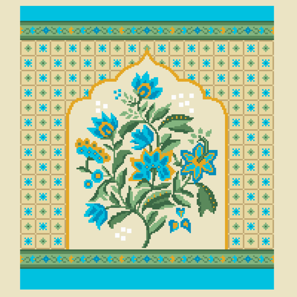 256B - Indian Blue Munghal Flowers Cross Stitch Pattern: Islamic Folk Art (PDF)