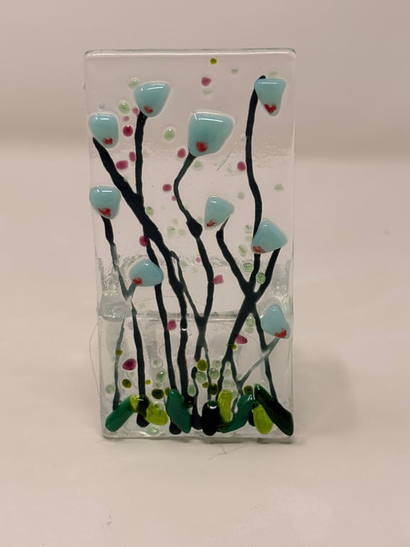 Fused Glass Tea Light Holder - Light Blue Meadow Flowers