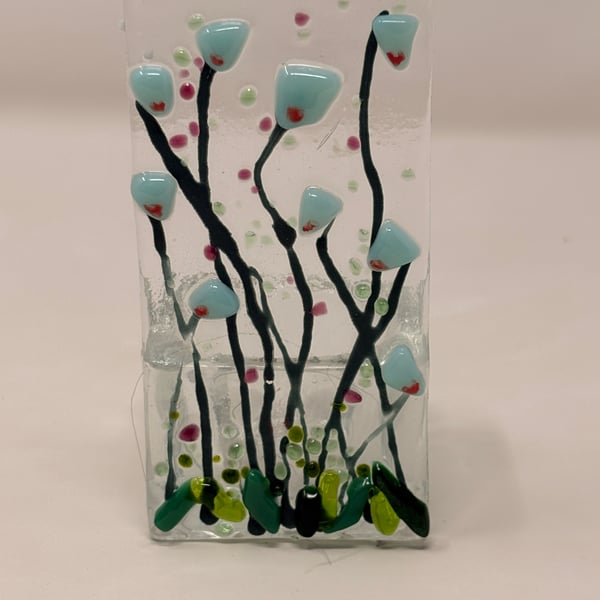 Fused Glass Tea Light Holder - Light Blue Meadow Flowers