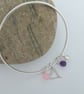 Silver Bangle with amethyst, rose quartz, heart charm and Swarovski crystal  - Image 2