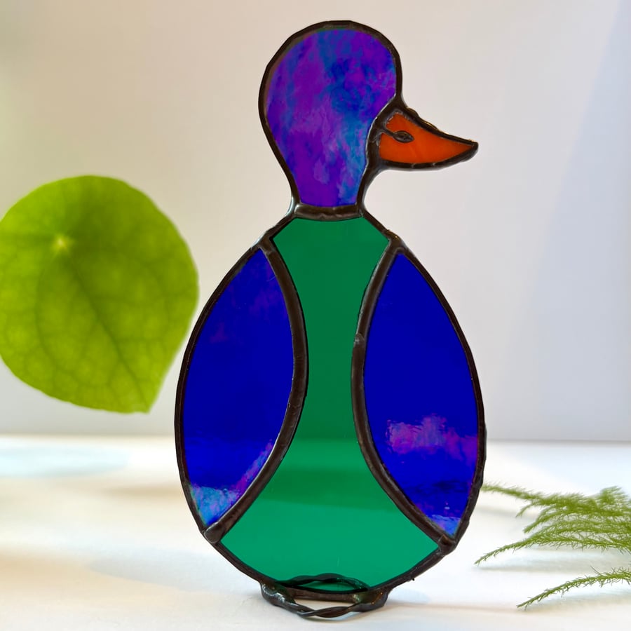 Stained glass mallard duck standing decor, Wildlife art 
