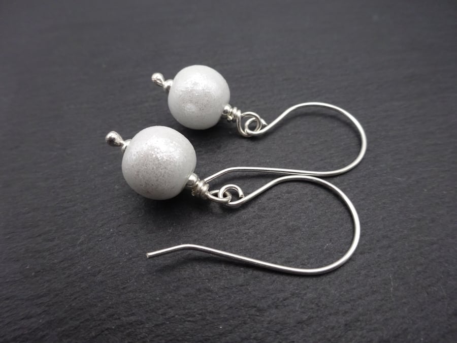 sterling silver earrings, white glitter lampwork glass jewellery