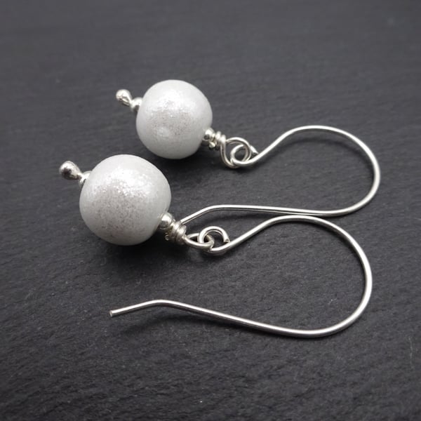 sterling silver earrings, white glitter lampwork glass jewellery