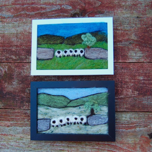 Five sheep stonewall wool needlefelt picture.   White or Black frame