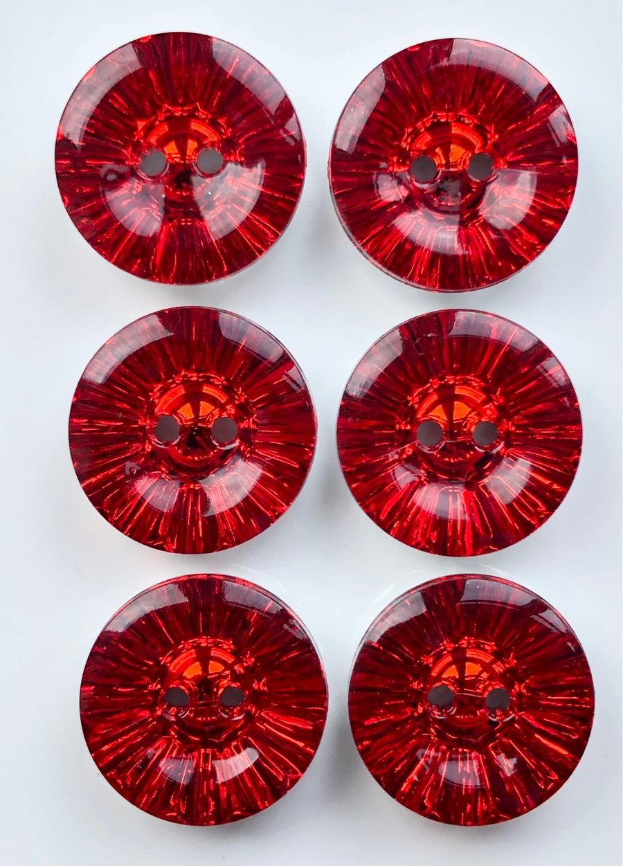 6 Crystal Style Dish Buttons, Red, 13mm Wide, Sparkly, Acrylic, Silver Back
