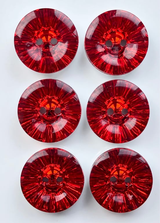 6 Crystal Style Dish Buttons, Red, 13mm Wide, Sparkly, Acrylic, Silver Back