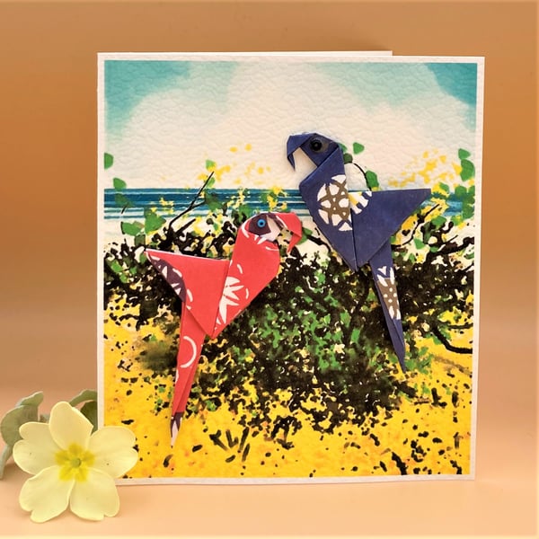 Greetings card, Origami parrot birds at the seaside, Colorful, OOAK, Blank Card.