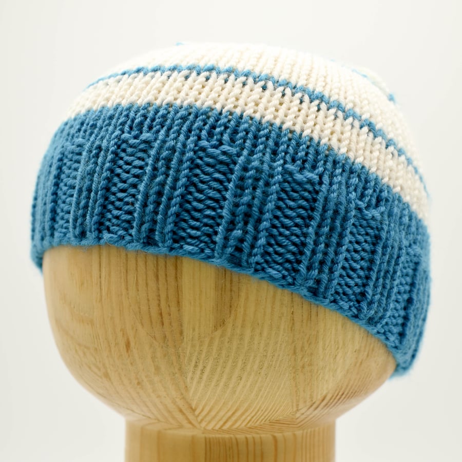 Hand Knitted hat in turquoise and white stripes - Newborn