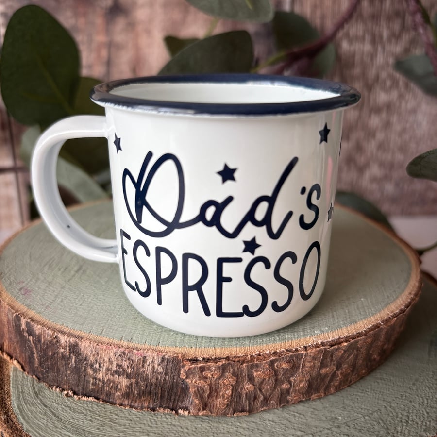 Dad's Espresso Mug: Enamel Camping Mug with Navy Vinyl