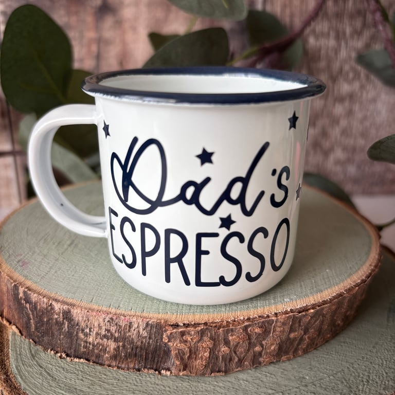 Dad's Espresso Mug: Enamel Camping Mug with Navy Vinyl
