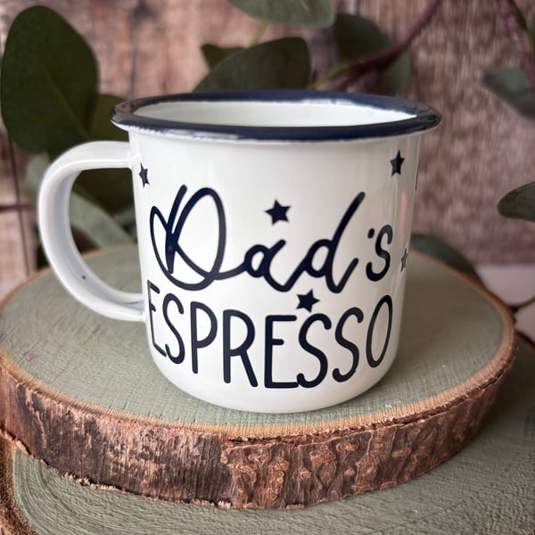Dad's Espresso Mug: Enamel Camping Mug with Navy Vinyl