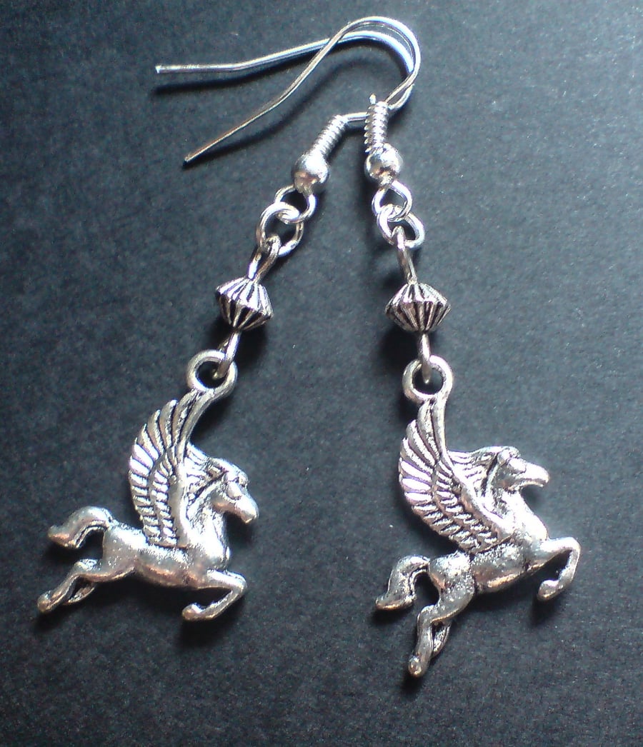 Pegasus Flying Horse Myth Drop Charm Earrings Silver Plate 