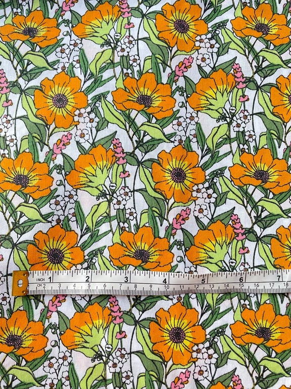 Floral Fabric Orange Green and White Flowers Retro Design New 2 metre 40 