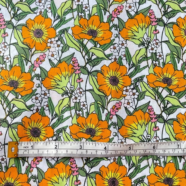 Floral Fabric Orange Green and White Flowers Retro Design New 2 metre 40 