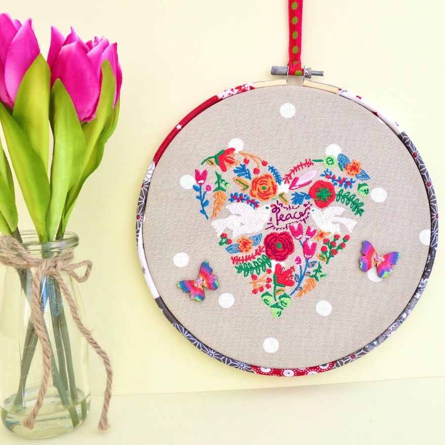 Embroidered Hoop Decoration: Embroidered Peace Heart design 8” (20cm)