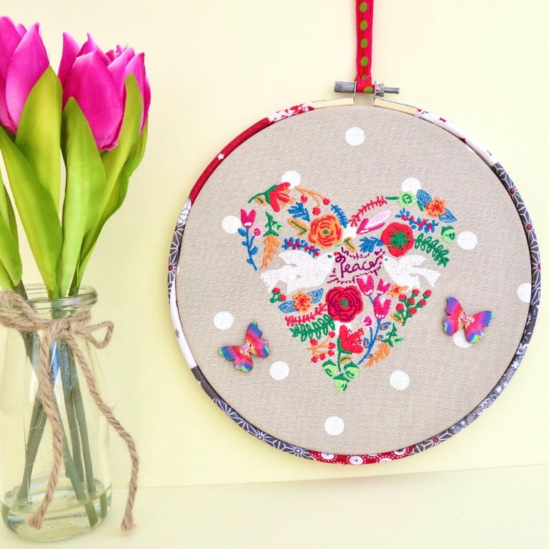 Peace Heart: Embroidered Hoop, Hooped Embroidery Wall Hanging