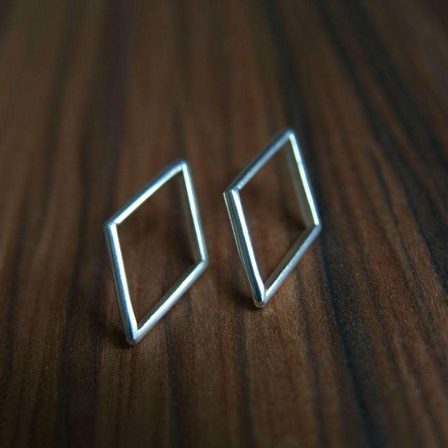 Geometric Silver Stud Earrings, Rhombus, Diamond Shape, Statement Earrings