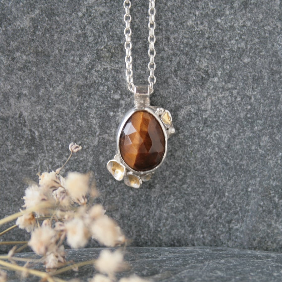 Tigers eye necklace, silver gemstone necklace, unique necklace